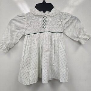 Polly Flinders Vintage Toddler Dress 2T Polka Dot Hand Smocked Dress Green White